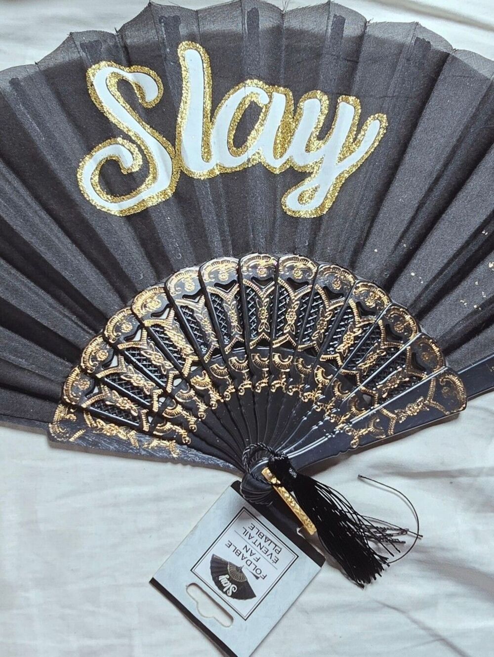Black Fabric Hand Fan with Gold 'Slay' Embroidery and Tassel